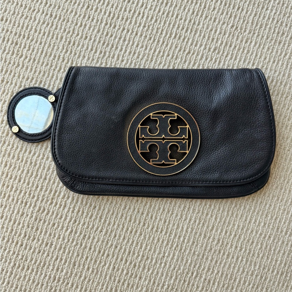 Tory Burch Black Leather Logo Miller Clutch with Gold Emblem - Picture 2 of 4